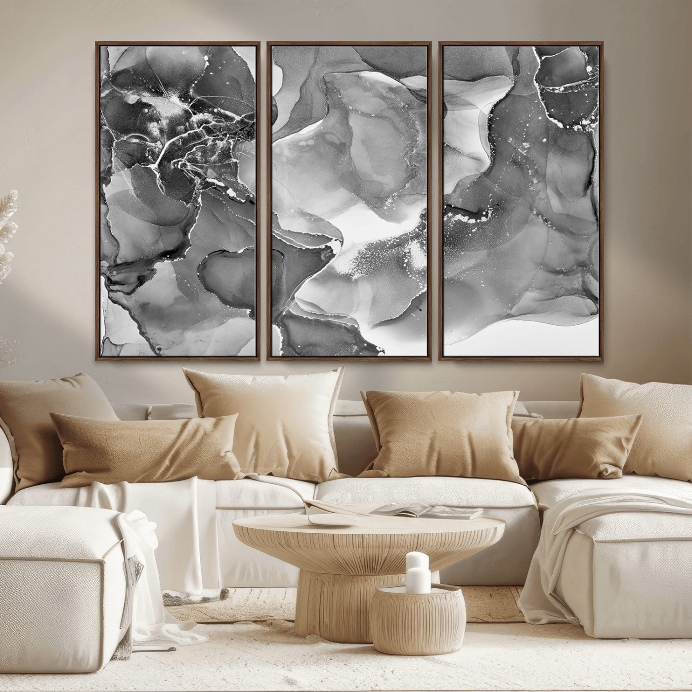 15911-MGV-FC-48X32-3P_Walnut-Black and White Abstract Wall Art – Modern Ink Swirl Canvas Print, Minimalist Contemporary Painting for Living Room, Bedroom,