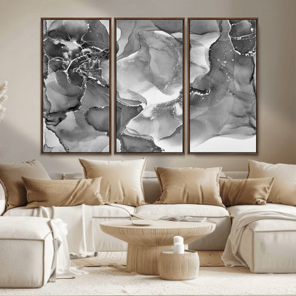 15911-MGV-FC-48X32-3P_Walnut-Black and White Abstract Wall Art – Modern Ink Swirl Canvas Print, Minimalist Contemporary Painting for Living Room, Bedroom,