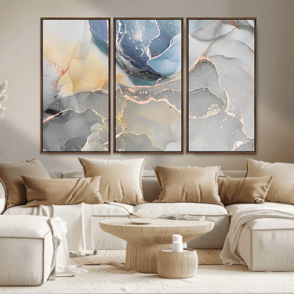 18176-MGV-CV-36X24-Abstract Fluid Wall Art – Modern Marble Ink Canvas Print with Blue, Gold, and Gray Tones, Contemporary Minimal Artwork Decor for