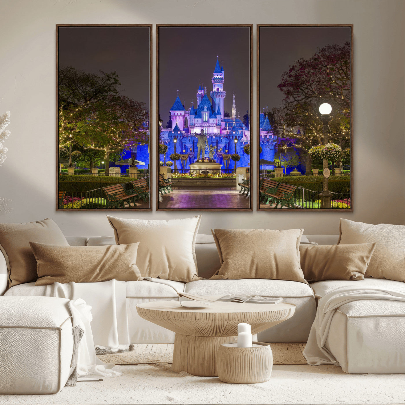 63560-MGV-CV-36X24-Fairy Tale Castle Wall Art – Magical Night Scene Canvas Print with Lights and Gardens, Fantasy Architecture Artwork for Living
