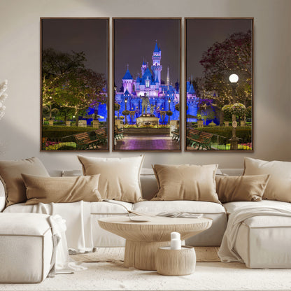 63560-MGV-CV-36X24-Fairy Tale Castle Wall Art – Magical Night Scene Canvas Print with Lights and Gardens, Fantasy Architecture Artwork for Living