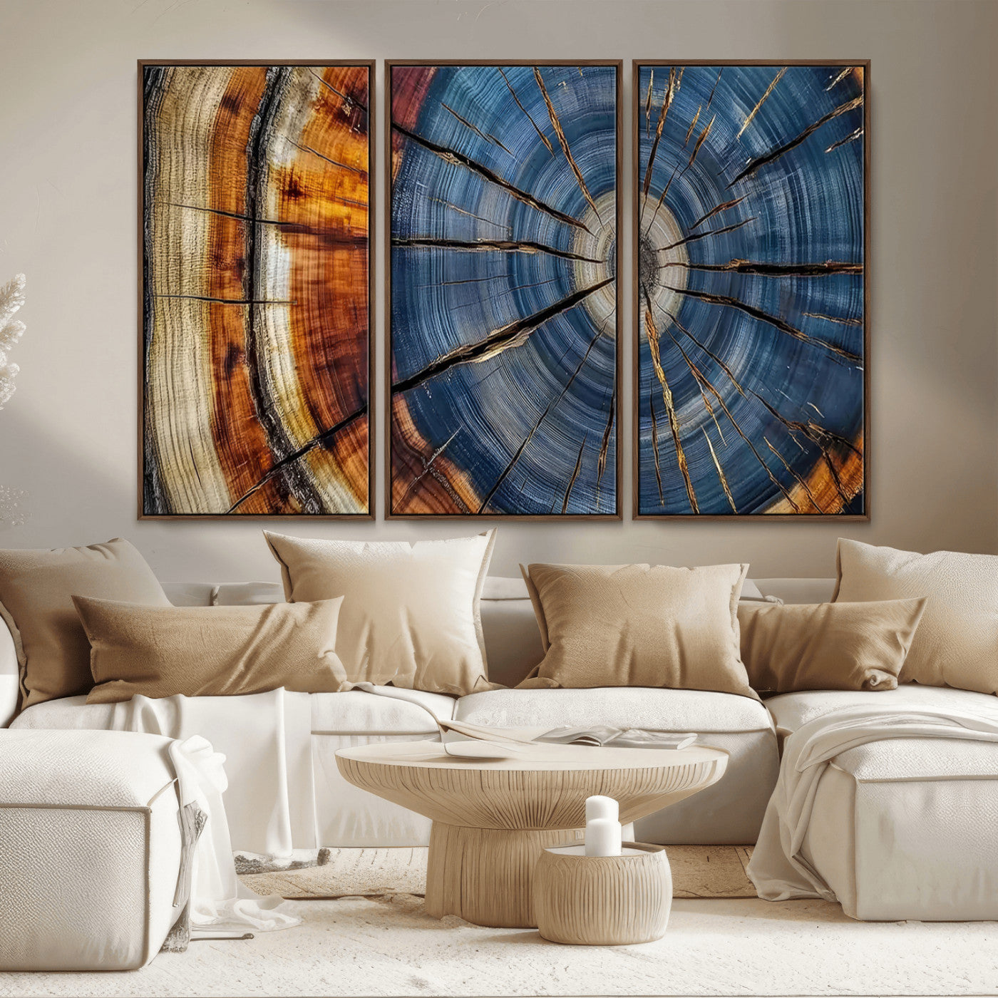 10583-MGV-CV-36X24-Tree Ring Wall Art – Abstract Wood Grain Canvas Print with Blue and Brown Tones, Nature Inspired Rustic Artwork for Living Room,