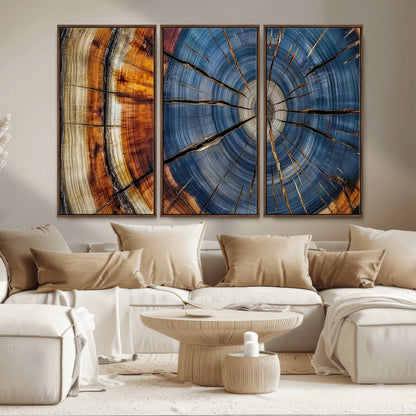 10583-MGV-CV-36X24-Tree Ring Wall Art – Abstract Wood Grain Canvas Print with Blue and Brown Tones, Nature Inspired Rustic Artwork for Living Room,