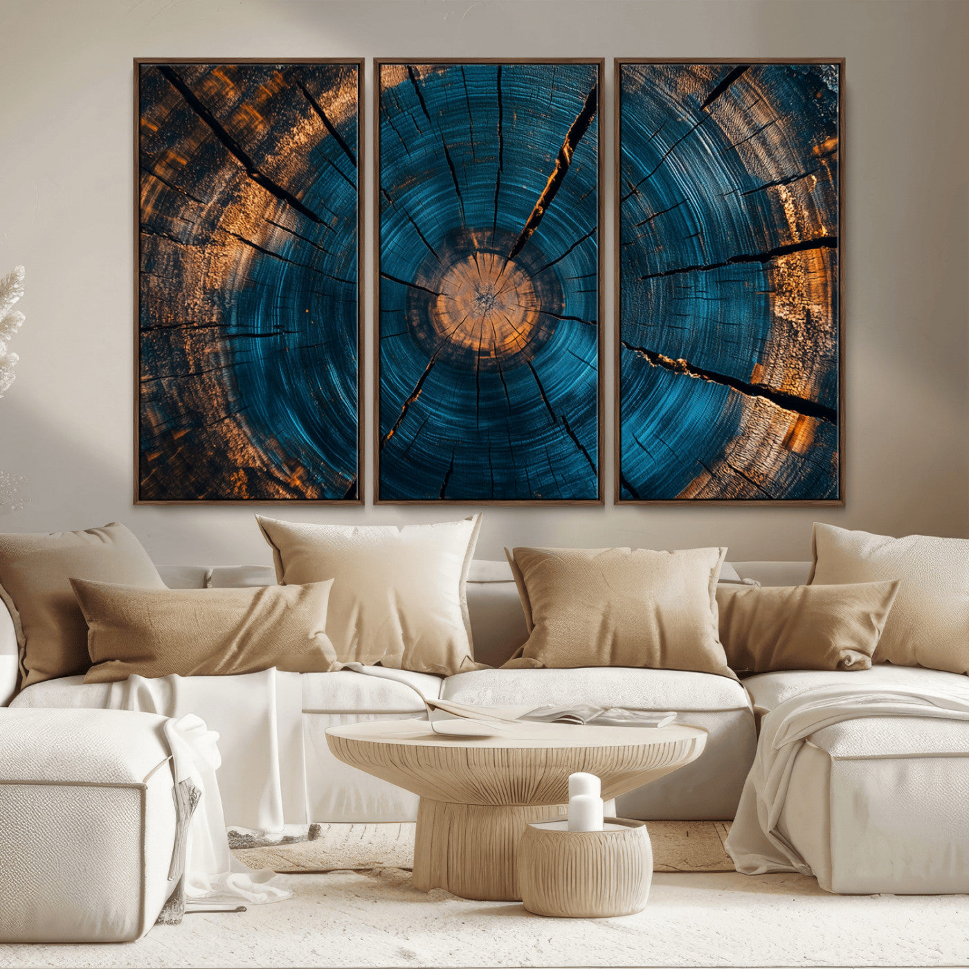 13398-MGV-CV-36X24-Tree Ring Wall Art – Abstract Wood Grain Canvas Print with Blue and Orange Accents, Rustic Nature Inspired Artwork for Living