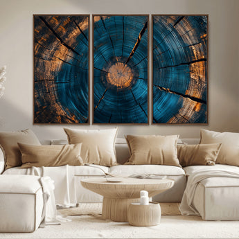 13398-MGV-CV-36X24-Tree Ring Wall Art – Abstract Wood Grain Canvas Print with Blue and Orange Accents, Rustic Nature Inspired Artwork for Living