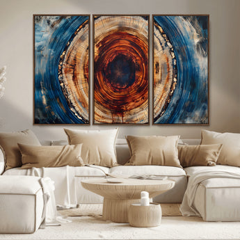 90395-MGV-CV-36X24-Tree Ring Wall Art – Abstract Wood Grain Canvas Print with Fiery Red and Blue Tones, Bold Rustic Nature Inspired Artwork Decor for