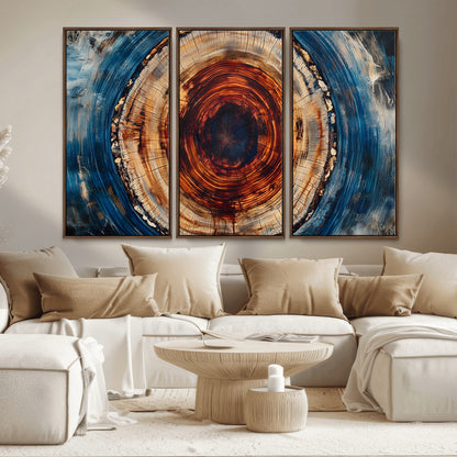 90395-MGV-CV-36X24-Tree Ring Wall Art – Abstract Wood Grain Canvas Print with Fiery Red and Blue Tones, Bold Rustic Nature Inspired Artwork Decor for