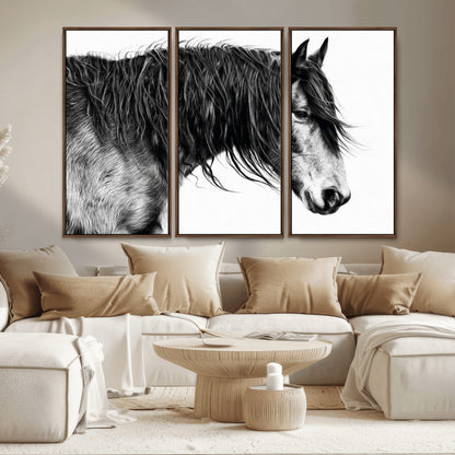 57694-MGV-FC-48X32-3P_Walnut-Horse Portrait Wall Art – Black and White Canvas Print with Detailed Stallion Profile, Rustic Farmhouse Equestrian Artwork for
