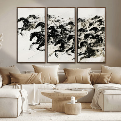 23069-MGV-CV-36X24-Galloping Horses Wall Art – Black Ink Painting on Canvas, Dynamic Equestrian Artwork with Running Stallions, Expressive Modern