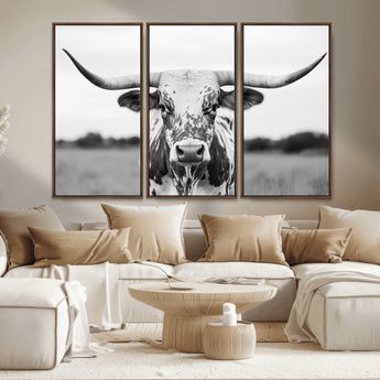 20272-MGV-CV-36X24-Texas Longhorn Wall Art – Black and White Cowboy Western Canvas Print, Rustic Farmhouse Cattle Photography Decor for Ranch, Barn