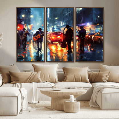 94605-MGV-CV-36X24-City Jazz Night Wall Art – Vibrant Music Canvas Print Featuring Saxophone, Guitar and Bass Players, Urban Street Scene Artwork for