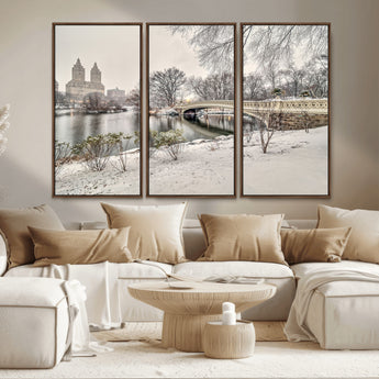 60292-MGV-FC-48X32-3P_Walnut-Central Park Winter Wall Art – Snowy Bow Bridge Canvas Print, Scenic New York City Landscape Photography for Living Room, Bedroom