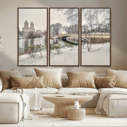 60292-MGV-FC-48X32-3P_Walnut-Central Park Winter Wall Art – Snowy Bow Bridge Canvas Print, Scenic New York City Landscape Photography for Living Room, Bedroom