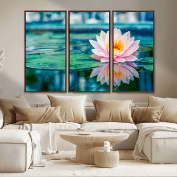 65933-MGV-CV-36X24-Pink Water Lily Wall Art – Lotus Flower Canvas Print with Reflection on Calm Water, Peaceful Botanical Artwork for Living Room,