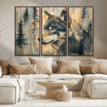 51892-MGV-CV-36X24-Wolf Wall Art – Rustic Canvas Print of Wolf with Forest Trees on Wood Texture, Wildlife Lodge Artwork for Living Room, Bedroom,