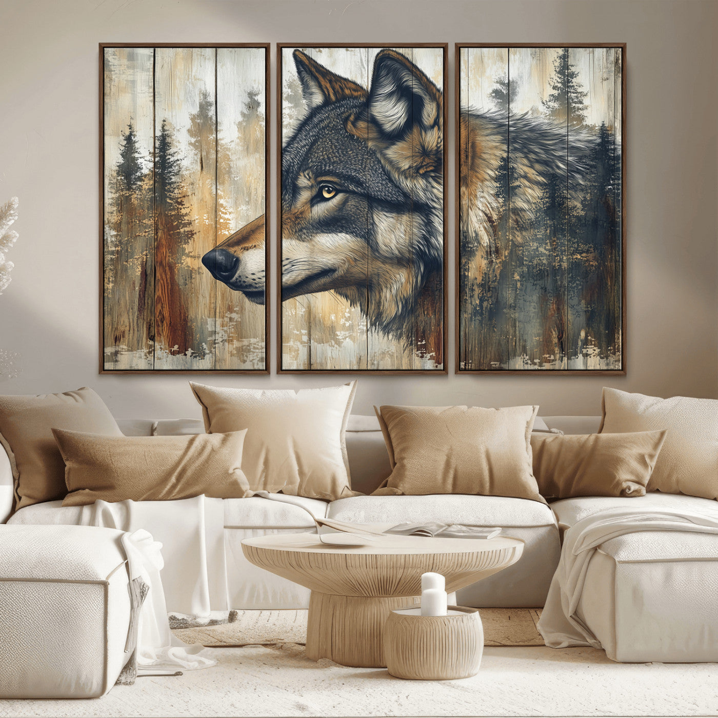 91882-MGV-CV-36X24-Wolf Wall Art – Rustic Canvas Print of Forest Wolf on Wood Background, Wildlife Lodge Artwork for Living Room, Bedroom, Cabin, or