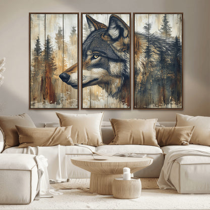 91882-MGV-CV-36X24-Wolf Wall Art – Rustic Canvas Print of Forest Wolf on Wood Background, Wildlife Lodge Artwork for Living Room, Bedroom, Cabin, or