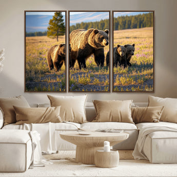 43400-MGV-CV-36X24-Bear Family Wall Art – Wildlife Canvas Print of Mother Bear with Cubs in Sunlit Meadow, Rustic Animal Artwork for Living Room,