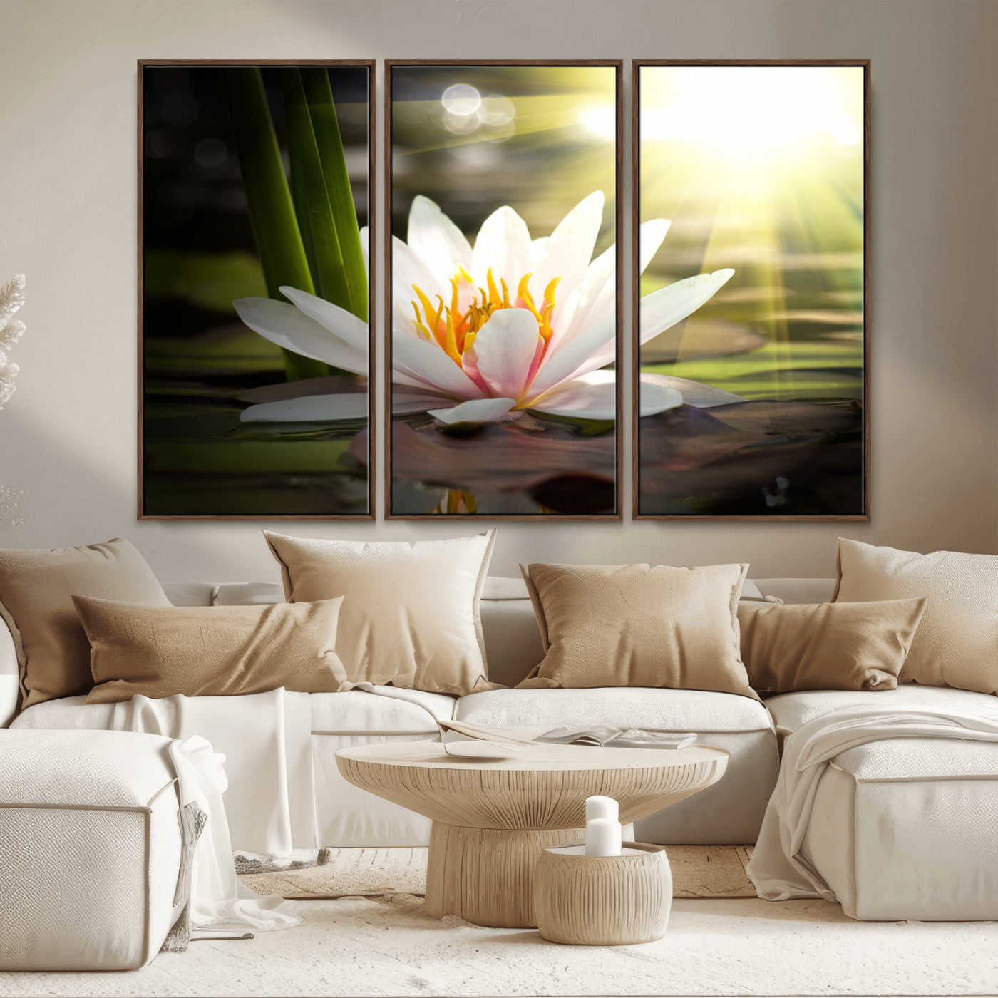 60352-MGV-CV-36X24-White Water Lily Wall Art – Lotus Flower Canvas Print with Sunlight Reflection, Peaceful Botanical Artwork for Living Room,