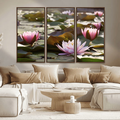 28394-MGV-CV-36X24-Water Lily Pond Wall Art – Pink Lotus Flowers Canvas Print with Green Lily Pads, Peaceful Botanical Artwork for Living Room,