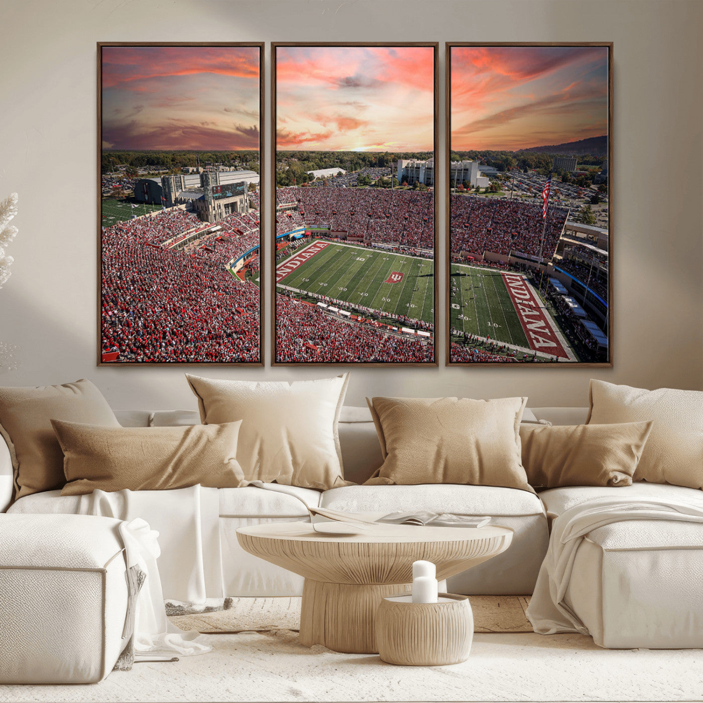 51135-MGV-FC-48X32-3P_Walnut-Indiana Hoosiers Stadium Wall Art – Panoramic Football Canvas Print with Game Day Crowd and Sunset Sky, Sports Artwork for Man