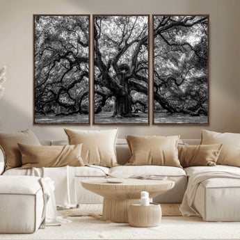 132944706-MGV-CV-36X24-Ancient Tree Wall Art – Black and White Photography Canvas Print Featuring Majestic Twisting Branches, Rustic Nature Artwork for