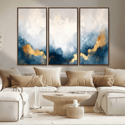 14578-MGV-CV-36X24-Abstract Wall Art – Modern Canvas Print Featuring Blue and White Clouds with Golden Accents, Contemporary Elegant Artwork for
