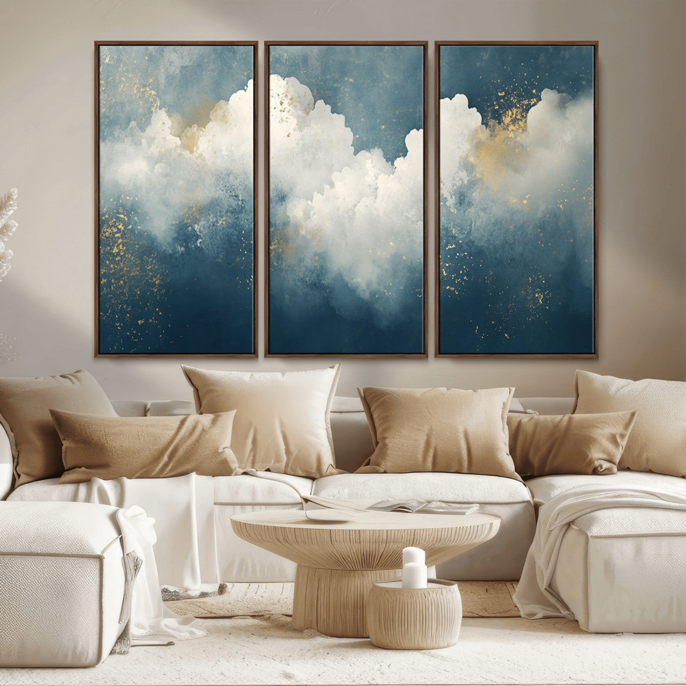 75131-MGV-FC-48X32-3P_Walnut-Abstract Cloud Wall Art – Modern Canvas Print Featuring Blue and White Clouds with Golden Accents, Contemporary Artwork for Living