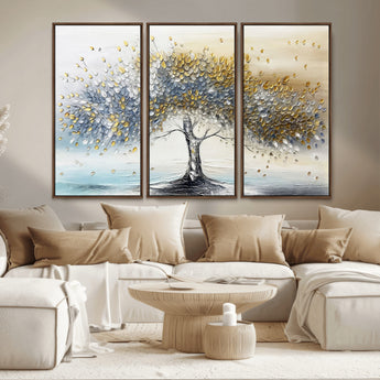 24771-MGV-CV-36X24-Silver Tree Wall Art Canvas Print, Framed Golden Leaves Art Picture Print, Metallic Tree Perfect Minimalist Luxury Decor Artwork