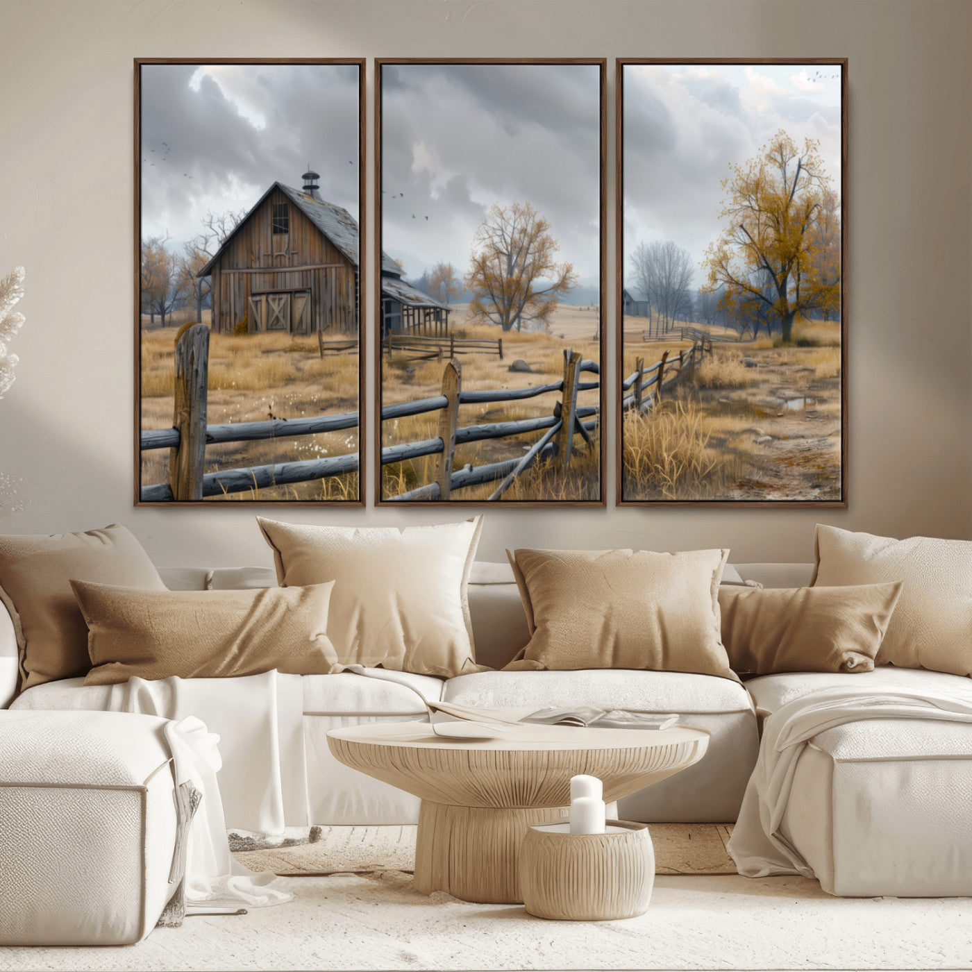 Farm1-MGV-CV-36X24-Rustic Autumn Farmhouse Wall Art – Serene Countryside Scene Canvas Print, Weathered Barn and Autumn Trees Decor for Living Room,