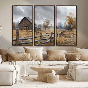 Farm1-MGV-CV-36X24-Rustic Autumn Farmhouse Wall Art – Serene Countryside Scene Canvas Print, Weathered Barn and Autumn Trees Decor for Living Room,