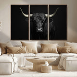 97914921-MGV-CV-36X24-Black Bull Wall Art Canvas Print, Framed Longhorn Bull Art Picture Print, Western Bull Perfect Monochrome Western Decor Artwork