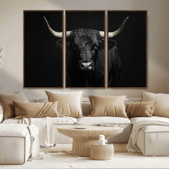 97914921-MGV-CV-36X24-Black Bull Wall Art Canvas Print, Framed Longhorn Bull Art Picture Print, Western Bull Perfect Monochrome Western Decor Artwork