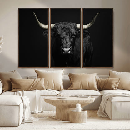97914921-MGV-CV-36X24-Black Bull Wall Art Canvas Print, Framed Longhorn Bull Art Picture Print, Western Bull Perfect Monochrome Western Decor Artwork