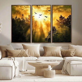 13776802-MGV-CV-36X24-Golden Forest Wall Art Canvas Print, Framed Sunset Pines Art Picture Print, Flying Birds Perfect Nature Glow Decor Artwork