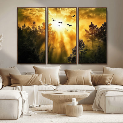 13776802-MGV-CV-36X24-Golden Forest Wall Art Canvas Print, Framed Sunset Pines Art Picture Print, Flying Birds Perfect Nature Glow Decor Artwork