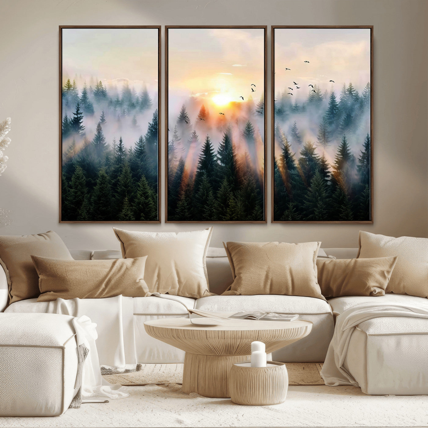 56391411-MGV-CV-36X24-Misty Forest Wall Art Canvas Print, Framed Sunrise Pines Art Picture Print, Moody Pines Perfect Serene Woodland Decor Artwork