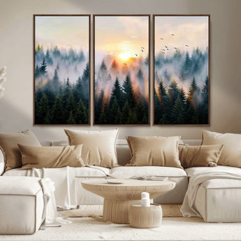 56391411-MGV-CV-36X24-Misty Forest Wall Art Canvas Print, Framed Sunrise Pines Art Picture Print, Moody Pines Perfect Serene Woodland Decor Artwork