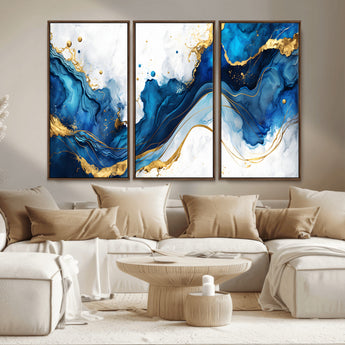 33506371-MGV-FC-48X32-3P_Walnut-Blue Marble Wall Art Canvas Print, Framed Gold Splash Art Picture Print, Abstract Wave Perfect Modern Luxe Decor Artwork