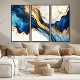 60283636-MGV-CV-36X24-Blue Gold Flow Wall Art Canvas Print, Framed Marble Texture Art Picture Print, Elegant Splash Perfect Elegant Abstract Decor