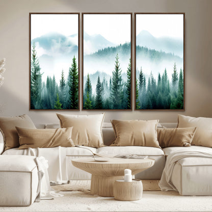 16716676-MGV-CV-36X24-Pine Forest Wall Art Canvas Print, Framed Misty Mountains Art Picture Print, Foggy Trees Perfect Moody Forest Decor Artwork