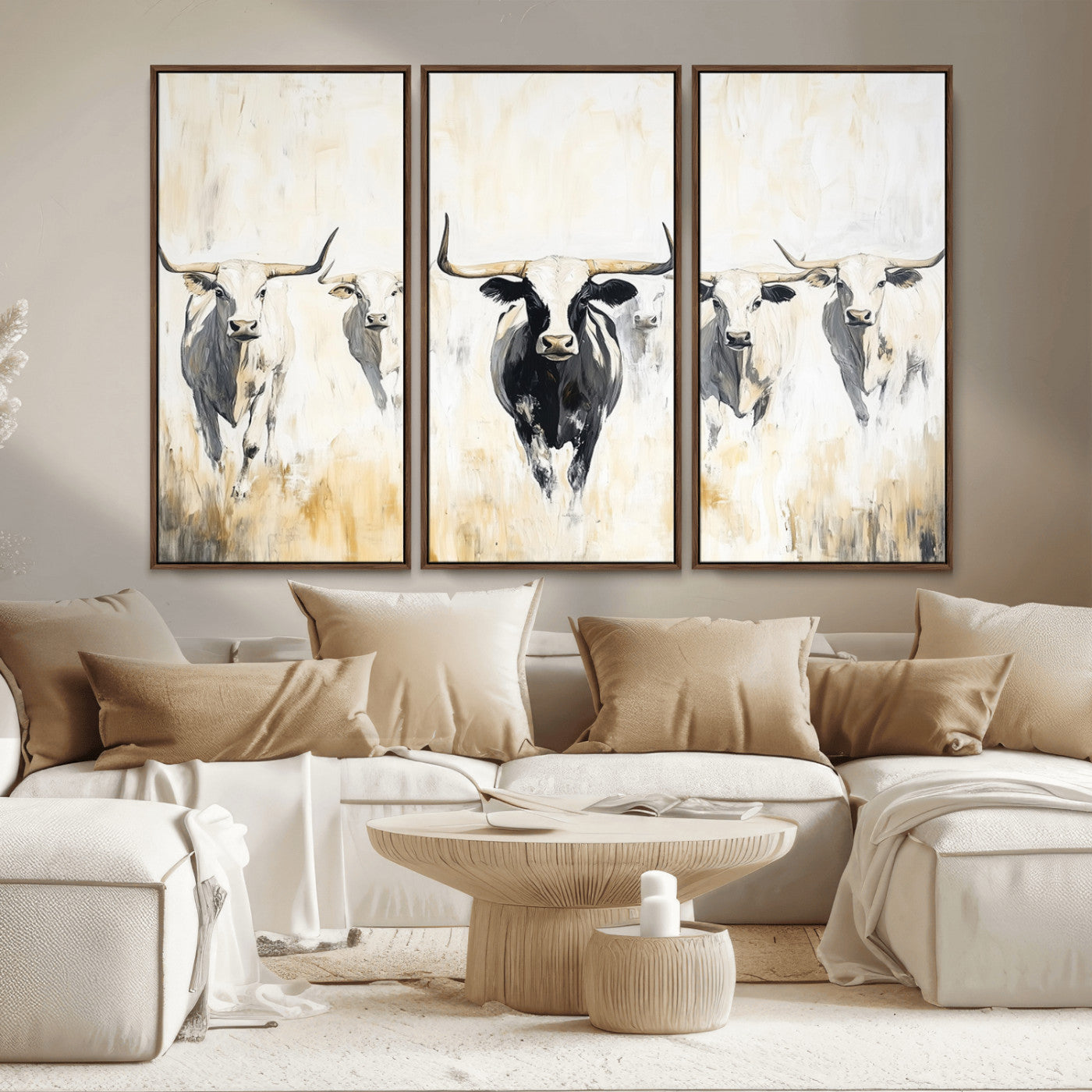 40397799-MGV-CV-36X24-Texas Longhorn Wall Art Canvas Print, Framed Rustic Herd Art Picture Print, Western Bull Perfect Neutral Western Decor Artwork