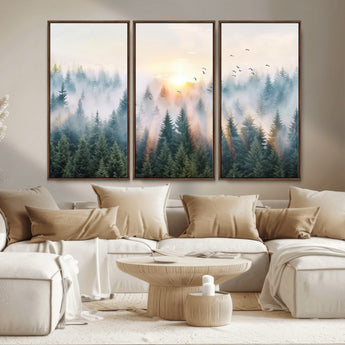 92718976-MGV-CV-36X24-Misty Forest Wall Art Canvas Print, Framed Sunrise Pines Art Picture Print, Foggy Woodland Perfect Moody Woodland Decor Artwork