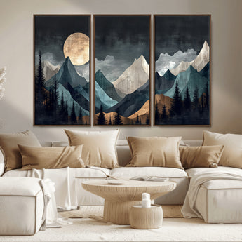 11060882-MGV-CV-36X24-Moonlit Mountains Wall Art Canvas Print, Framed Forest Silhouette Art Picture Print, Night Landscape Perfect Modern Forest Decor