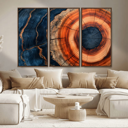 41123192-MGV-FC-48X32-3P_Walnut-Tree Ring Canvas Wall Art – Abstract Blue Orange Wood Grain Print, Rustic Modern Nature Artwork for Living Room, Bedroom, Office
