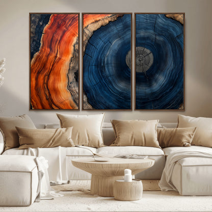 99491700-MGV-CV-36X24-Tree Ring Canvas Wall Art – Blue Orange Abstract Wood Grain Print, Rustic Modern Nature Artwork for Living Room, Office, Bedroom