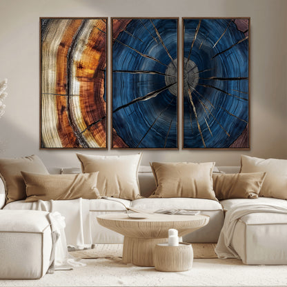 60099360-MGV-CV-36X24-Blue Tree Ring Wall Art – Rustic Wood Grain Canvas Print, Modern Abstract Artwork with Natural Texture for Living Room, Bedroom,