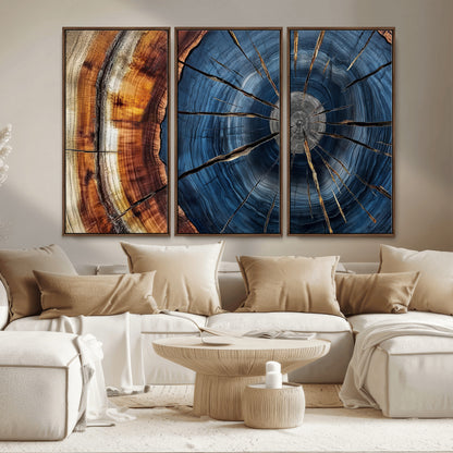 45268471-MGV-CV-36X24-Blue Tree Ring Wall Art – Rustic Wood Cross Section Canvas Print, Modern Abstract Nature Decor for Living Room, Office, or Cabin