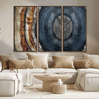 91368647-MGV-CV-36X24-Smoky Blue Tree Ring Wall Art – Rustic Wood Cross Section Canvas Print, Modern Nature Inspired Decor for Living Room, Office, or