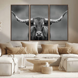 81228550-MGV-CV-36X24-Framed Texas Longhorn Bull Art Canvas Print, Western Bull Wall Art Print, Long Horn Bull Photo Print for Log Cabin, Large Bull